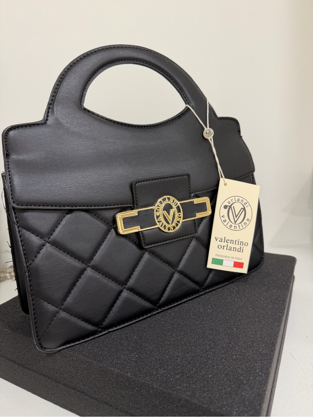 NWT Valentino Orlandi Black Quilted Top-Handle Bag with Gold Accent W/ Crossbody - Picture 8 of 9